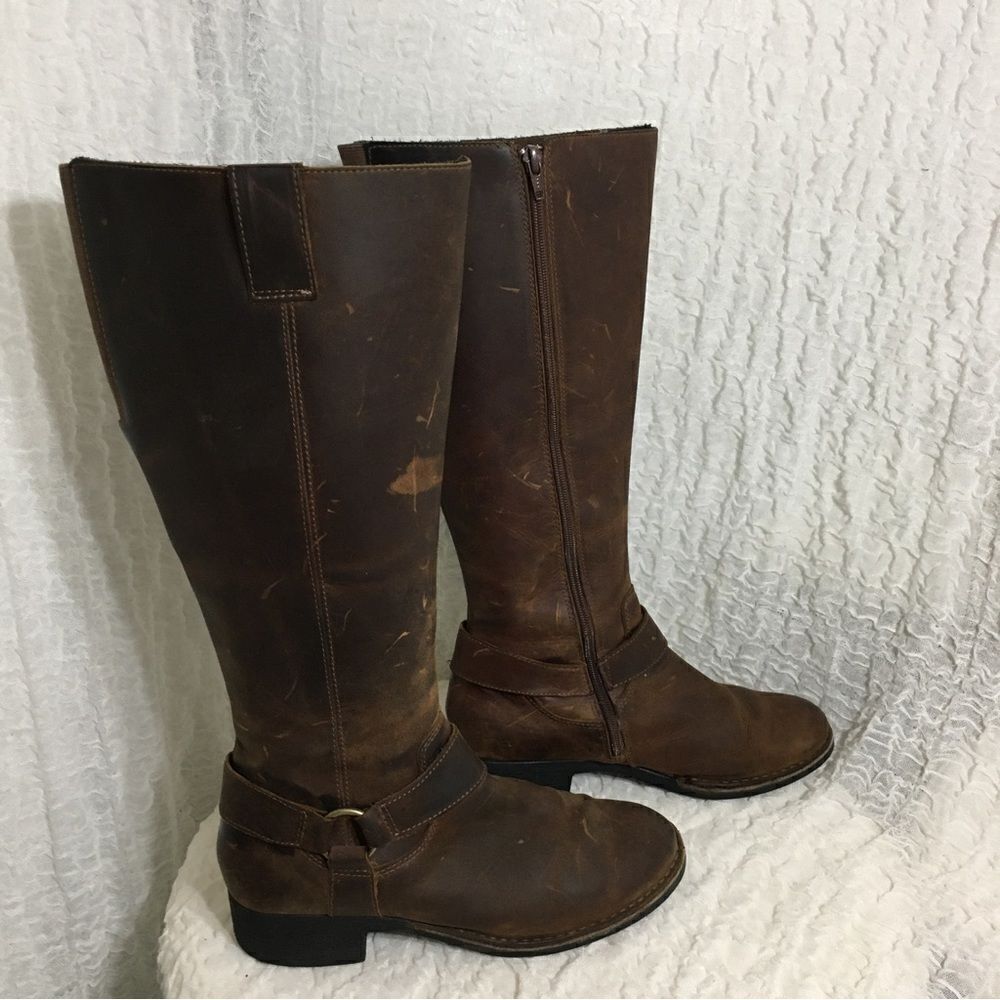Clarks Buckle Strap Brown Leather Knee High Boots Size 8.5M
